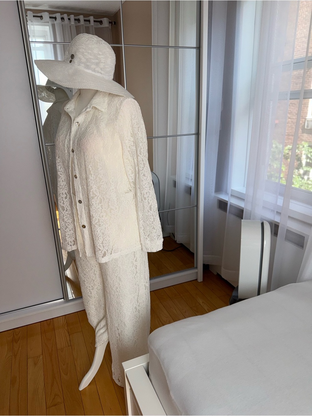 Sheer Lace Button-Up Top and Wide Leg Pants - White